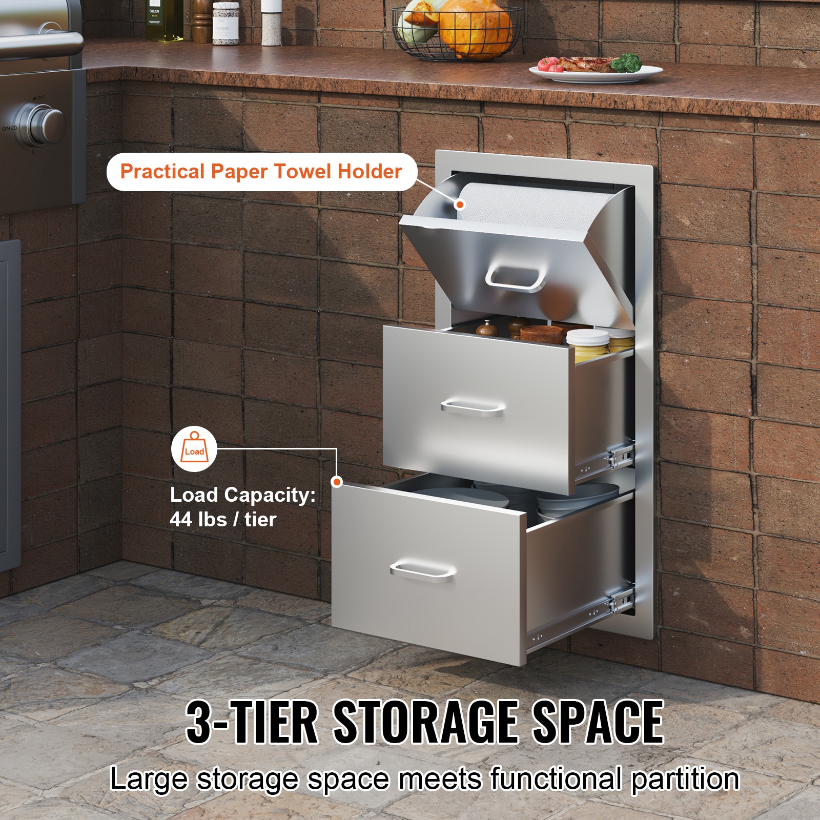 17W X 30H X 21D Inch Outdoor Kitchen Stainless Steel Double Access Drawers With Paper Towel Holder Combo For BBQ Island Or Grill Station_maomaolike.com